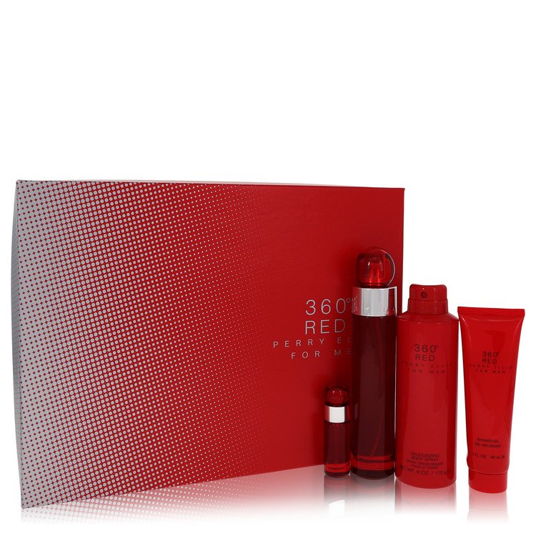 Perry Ellis 360 Red Gift Set – 3.4 oz/100 ml EDT, 0.25 oz/7.5 ml Mini EDT, 6 oz/177 ml Body Spray, 3 oz/89 ml Shower Gel