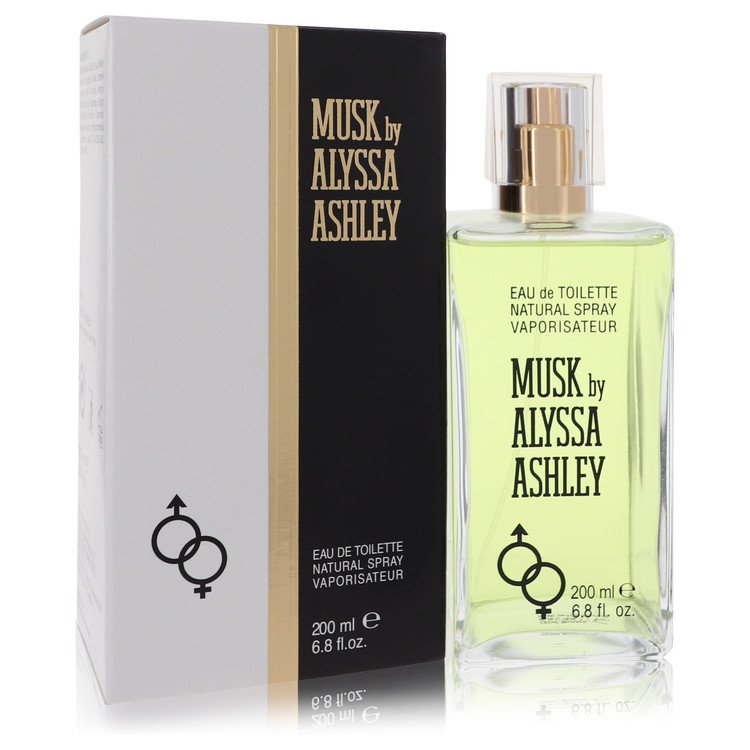 A white bottle of Alyssa Ashley Musk Eau De Toilette Spray for Women on a wooden table, 3.4 oz / 100 ml by The Fragrance Aven