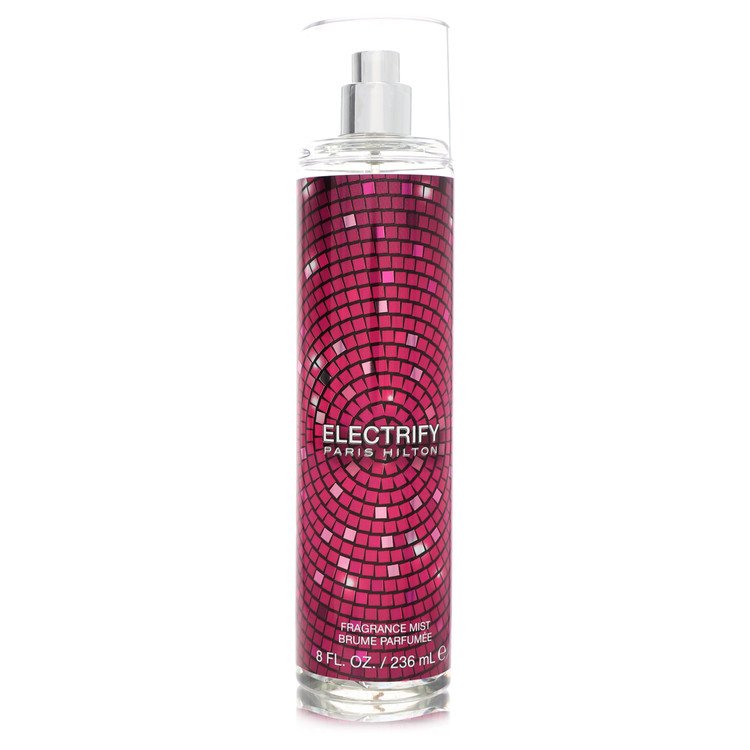 A clear glass bottle of Paris Hilton Electrify Fragrance Mist for Women with a silver cap, displayed on a white background by