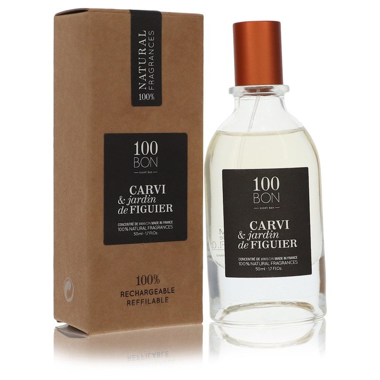 A clear glass perfume bottle with a black cap and gold label featuring a carvi and fig tree design, labeled 100 Bon Concentra