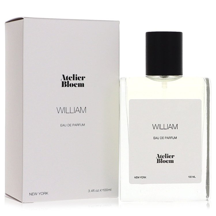 A clear glass bottle of Atelier Bloem William Eau De Parfum Spray with a minimalist white label and gold accents, standing on