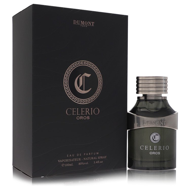A clear glass bottle with a gold cap and black label labeled "Celerio Oros" by Dumont Paris, 3.4 oz / 100 ml, unisex fragranc