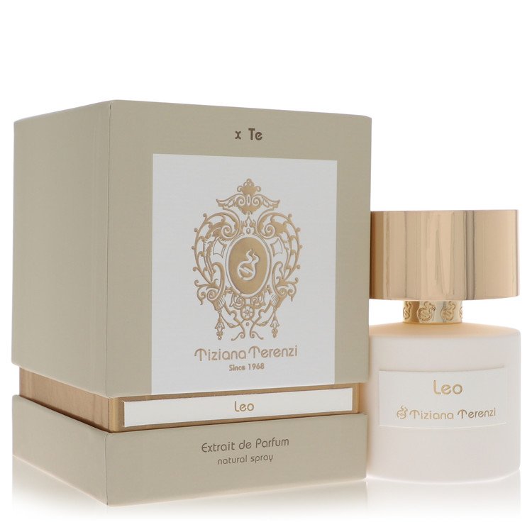 Dark blue bottle of Tiziana Terenzi Leo Extrait De Parfum Spray for Men on a wooden surface by The Fragrance Avenue.