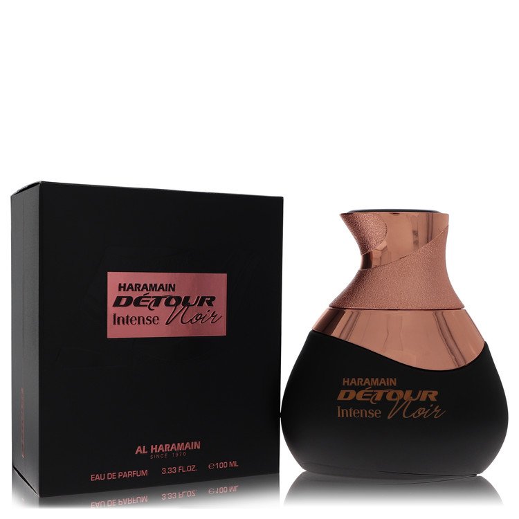 Dark blue bottle of Al Haramain Detour Noir Intense Eau De Parfum Spray 3.4 oz by The Fragrance Avenue