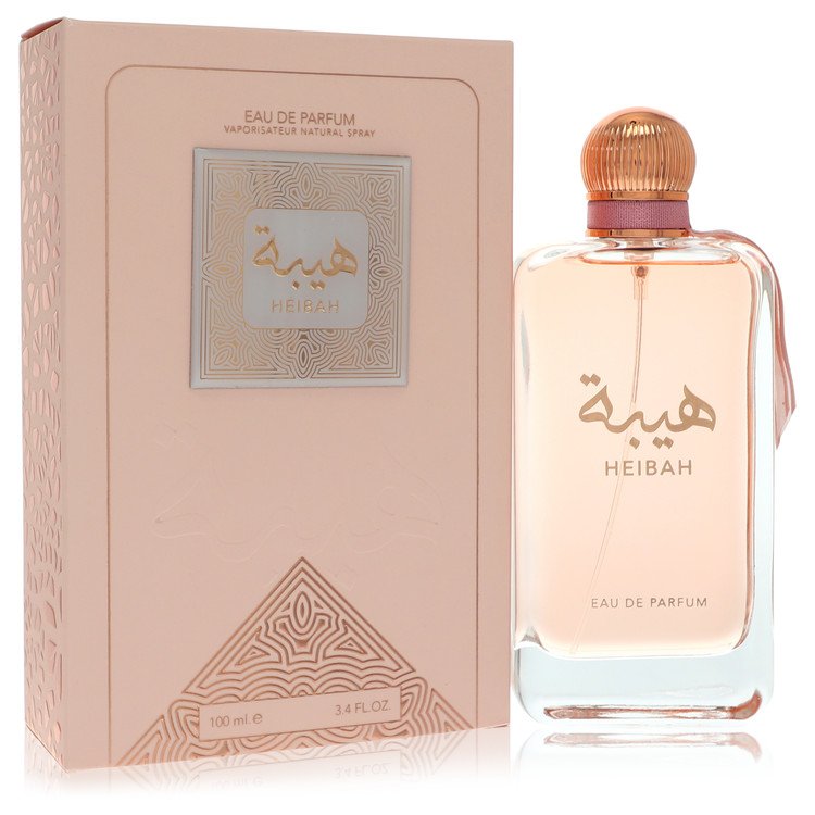 A clear glass perfume bottle with gold accents and a black cap, labeled Al Zaafaran Heibah Women's Eau De Parfum Spray by The