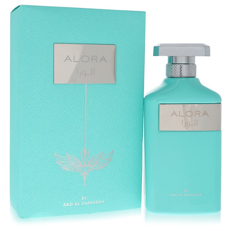 A clear glass bottle with a gold cap and dark amber liquid, labeled Al Zaafaran Alora Eau De Parfum Spray 3.4 oz / 100 ml for