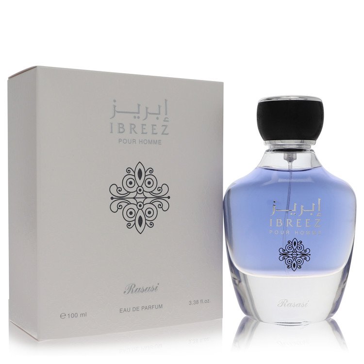 Blue glass bottle with gold accents containing men's fragrance in a minimalist white box by The Fragrance Avenue.