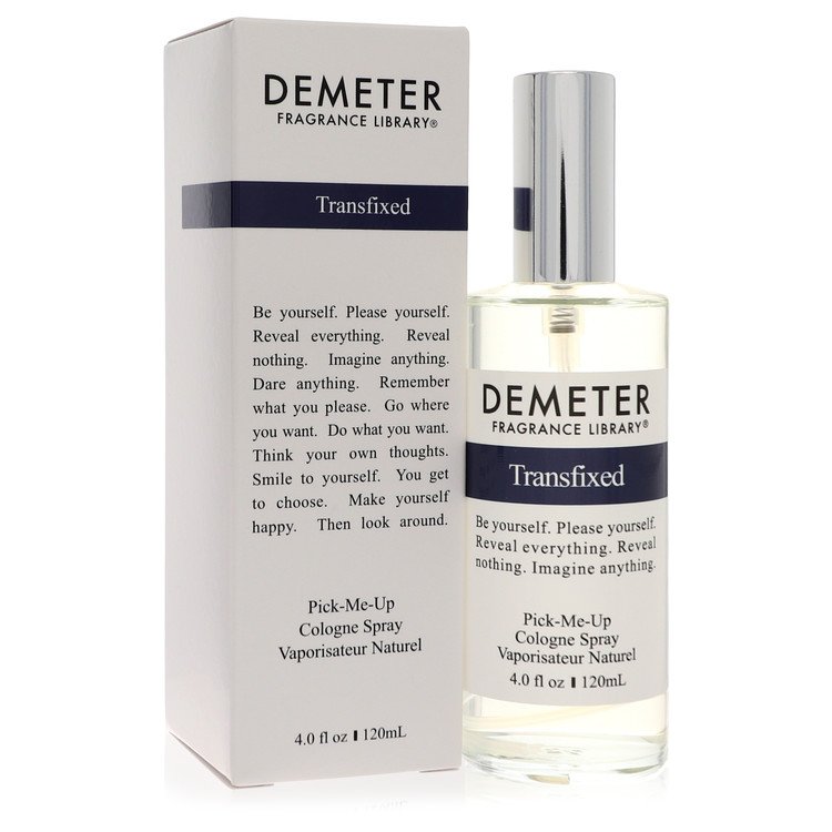 Blue glass bottle of Demeter Transfixed Cologne Spray for Women, 4 oz / 118 ml, standing on a white surface by The Fragrance