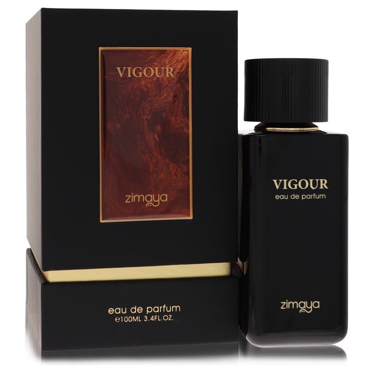 Afnan Zimaya Vigour eau de parfum spray in a sleek black bottle with gold accents, standing on a wooden surface, by The Fragr