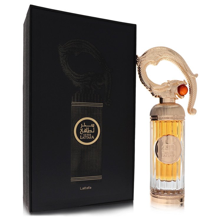 A dark blue glass bottle of Lattafa Sehr Eau De Parfum Spray 3.4 oz for men by The Fragrance Avenue.