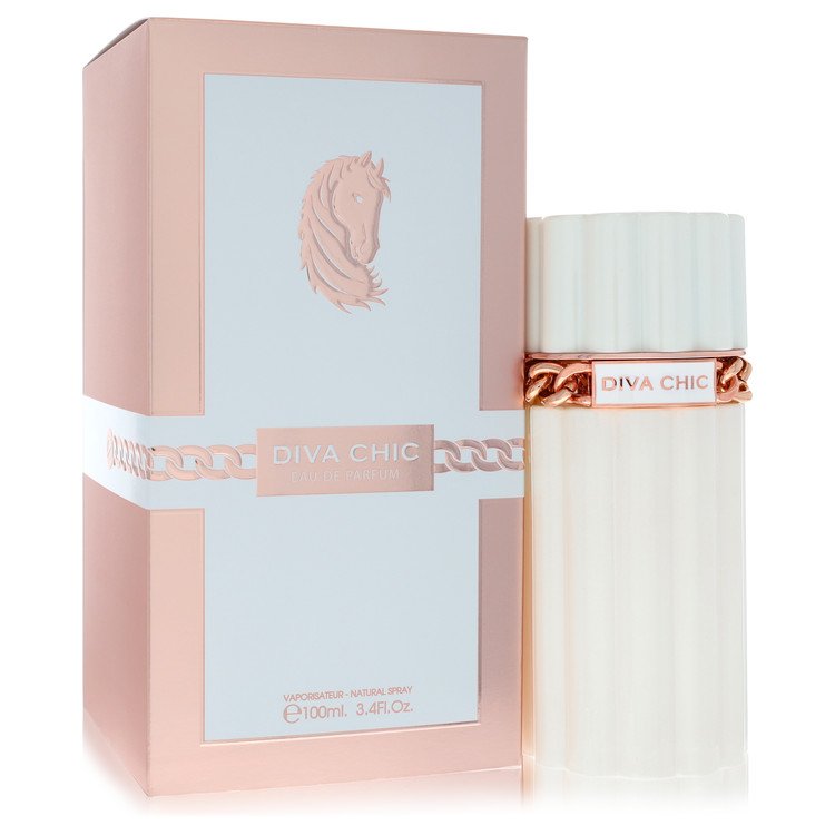 Dumont Diva Chic Eau de Parfum Spray in gold bottle with floral design on white background by The Fragrance Avenue.