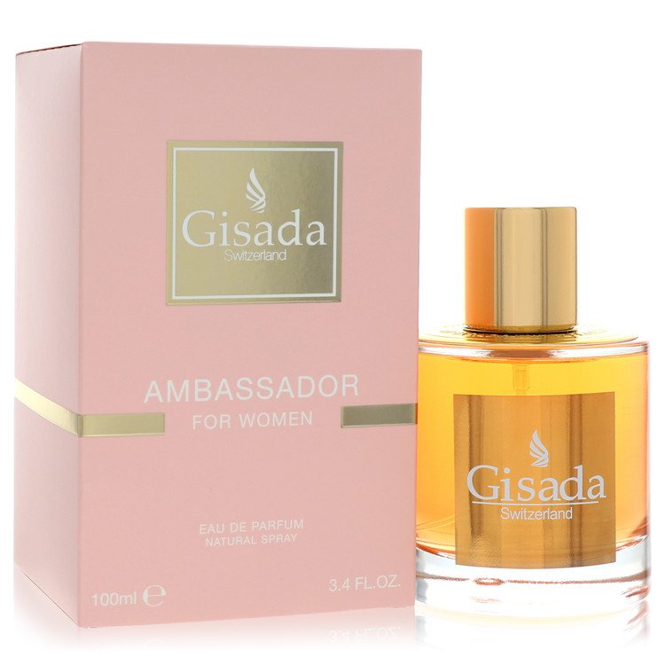 A clear glass perfume bottle with gold accents and a black cap, labeled Gisada Ambassador Eau De Parfum Spray for Women, 3.4