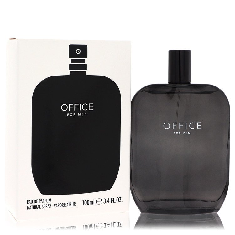 A dark blue bottle of Fragrance One Office Eau De Parfum Spray for Men on a wooden desk, 3.4 oz / 100 ml by The Fragrance Ave