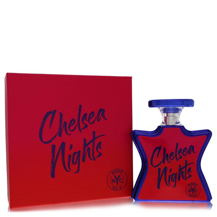 A clear glass bottle with a black cap and gold label labeled "Chelsea Nights" by The Fragrance Avenue.
