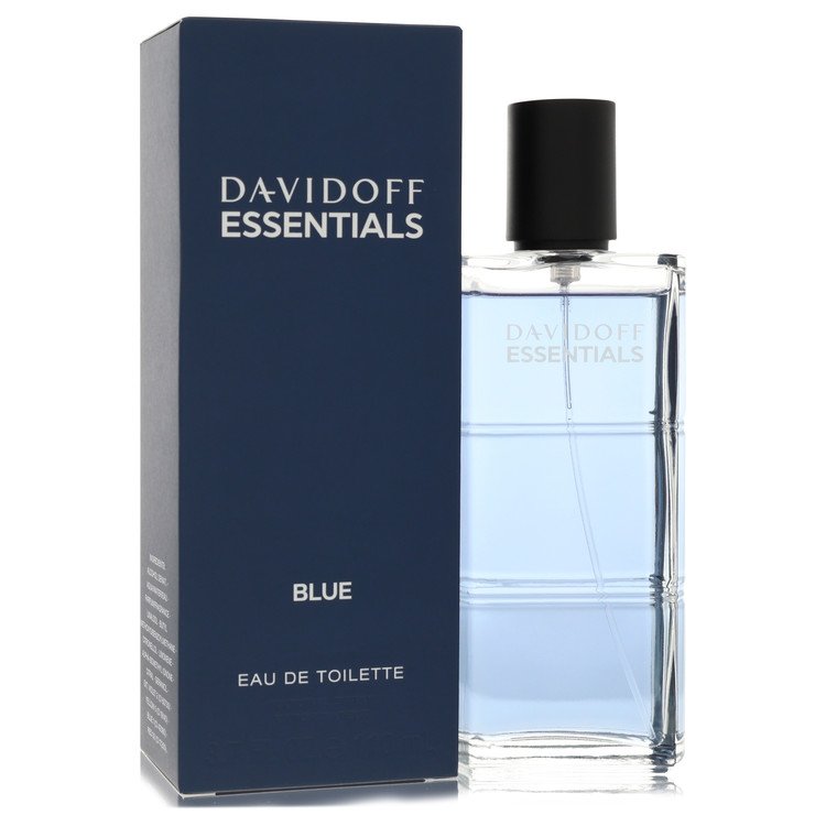 Blue glass bottle with white label featuring the Davidoff Essentials logo, 3.7 oz eau de toilette for men by The Fragrance Av