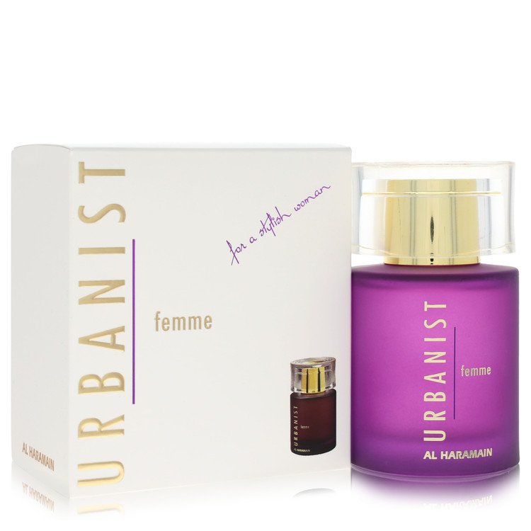 A clear glass bottle with gold accents and a black cap, labeled Urbanist by Al Haramain, displayed on a white background.