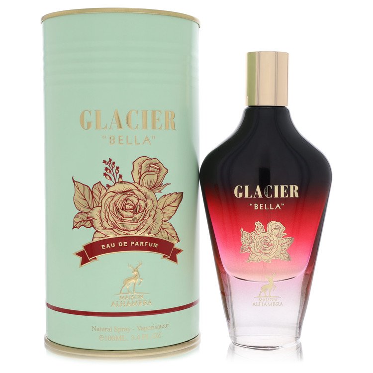 A clear glass perfume bottle with a silver cap and white label, featuring the name Glacier Bella in blue text, displayed on a
