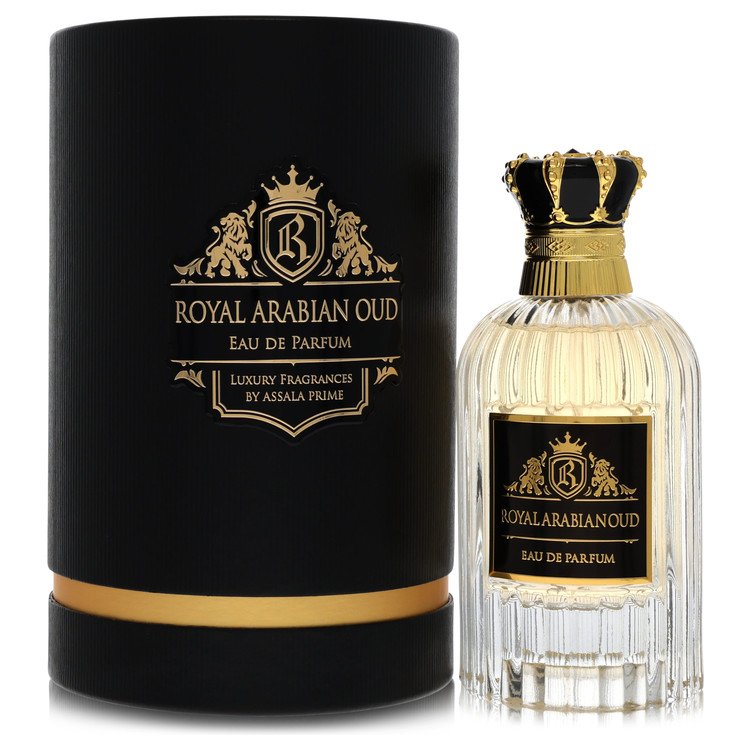 Dark blue bottle of Assala Prime Royal Arabian Oud Eau De Parfum Spray for Men 3.3 oz / 100 ml by The Fragrance Avenue