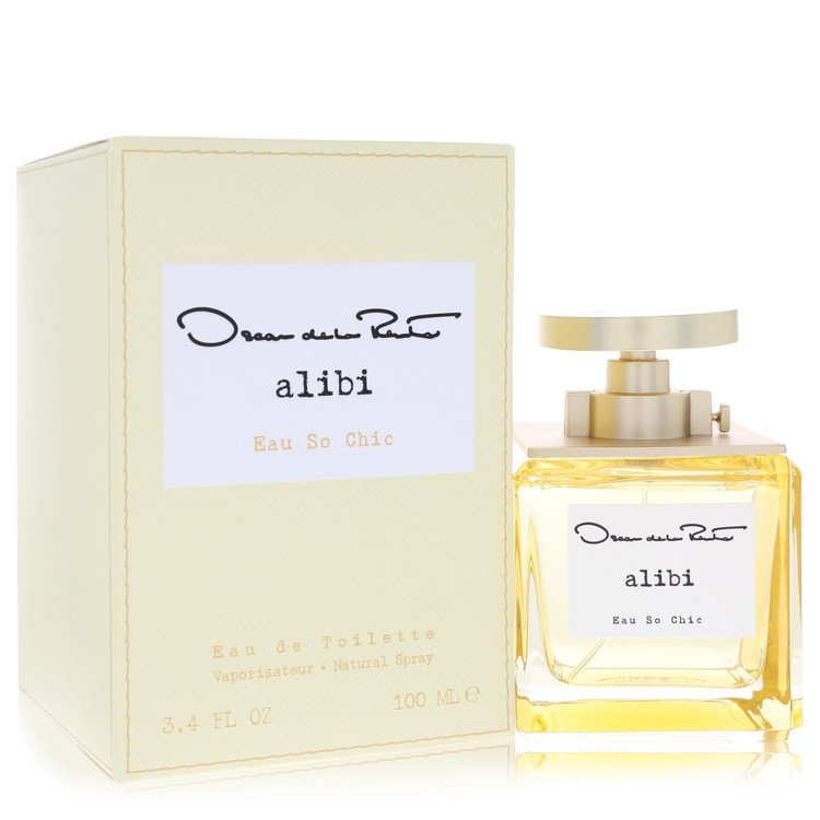 Blue glass bottle with gold accents sitting on a white surface, featuring the Oscar De La Renta logo, 3.4 oz eau de toilette