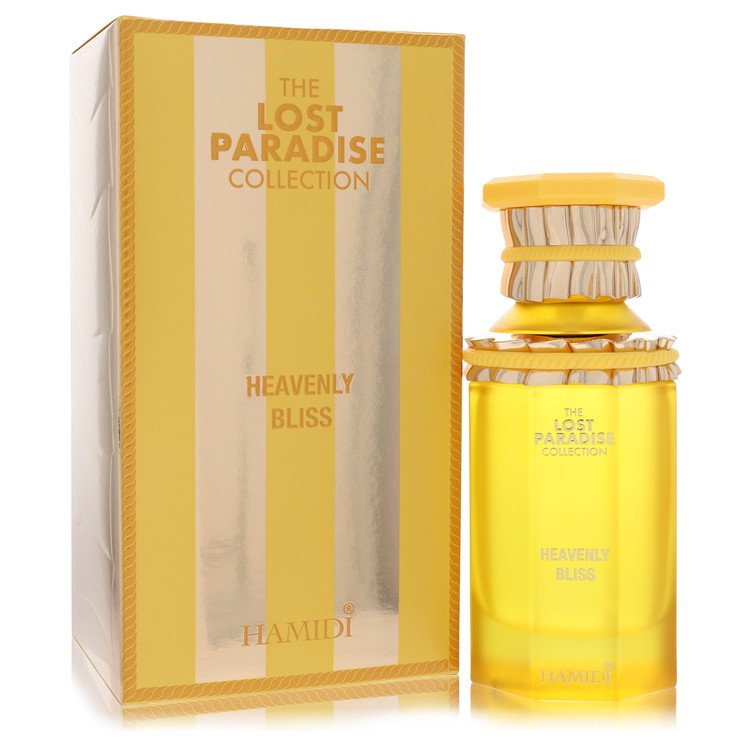 A dark blue bottle with gold accents of Hamidi Lost Paradise Heavenly Bliss Eau De Parfum Spray for Men 3.4 oz/100 ml by The