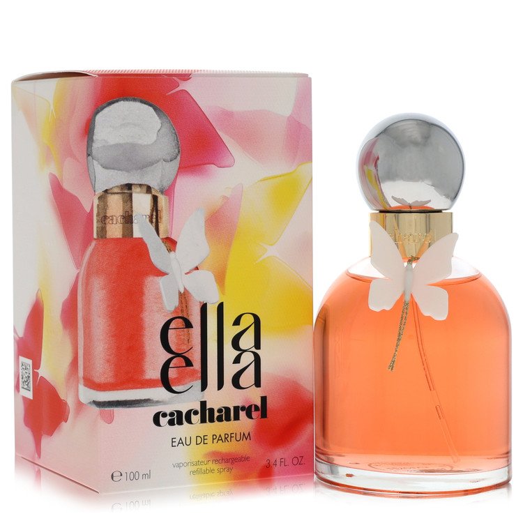 Cacharel Ella Ella Eau De Parfum Spray in gold bottle with floral design, 3.3 oz, by The Fragrance Avenue