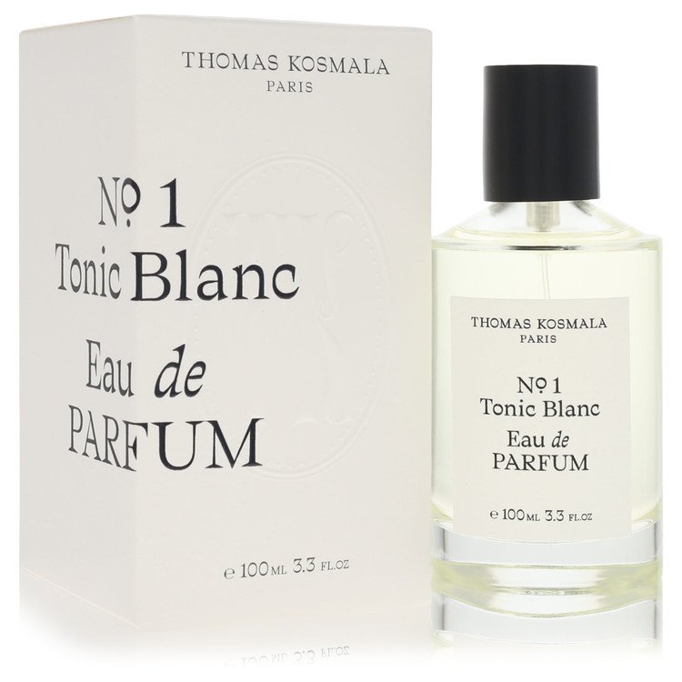 A clear glass bottle with a white label and gold accents, featuring the text "Tonic Blanc No.1" on a neutral background, by T