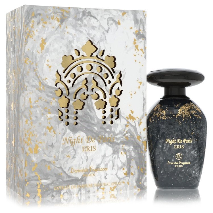 A dark glass bottle of L'Orientale Night by Eris Extrait De Parfum Spray 3.3 oz / 100 ml for Men sitting on a wooden surface