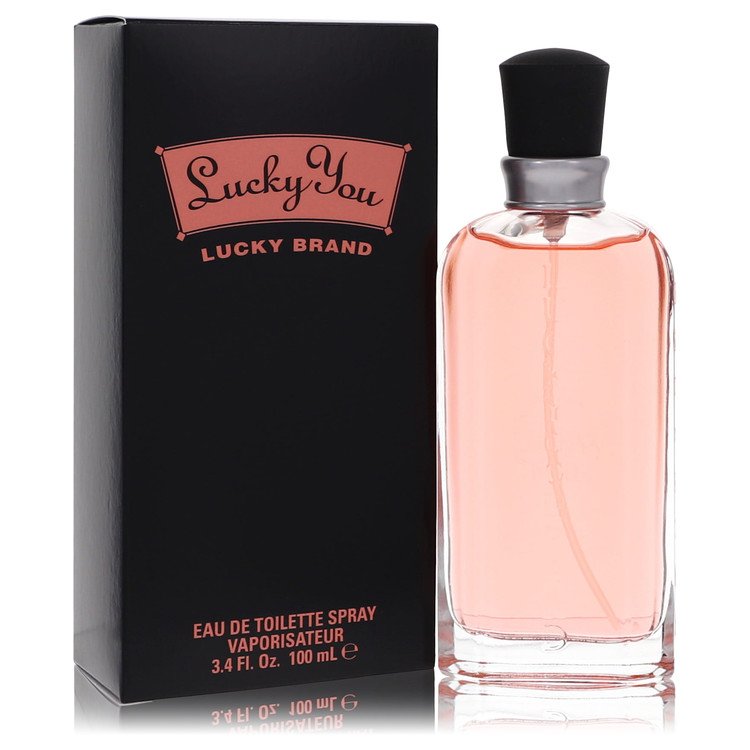 Lucky You by Liz Claiborne eau de toilette spray in a clear glass bottle with gold cap, 3.4 oz, displayed on a white backgrou