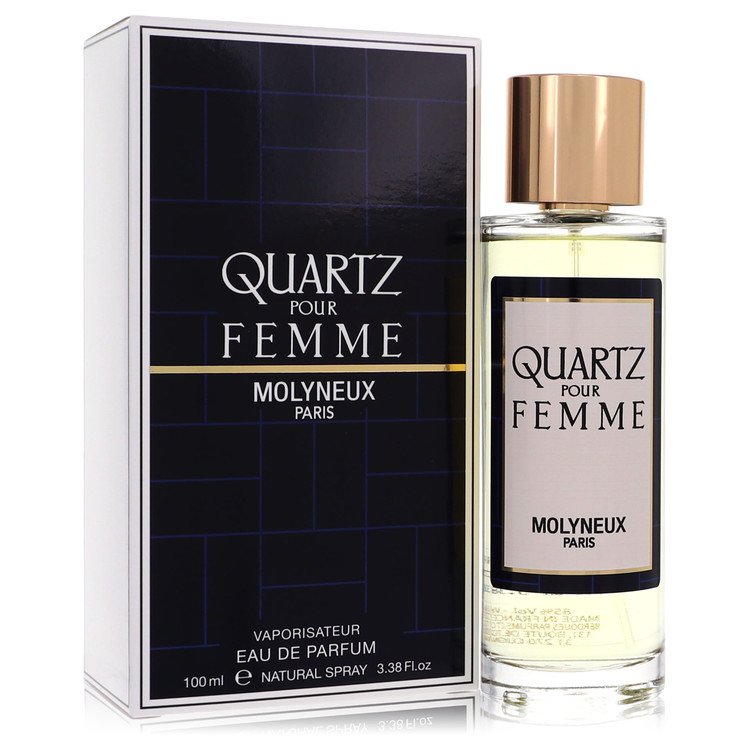 A clear glass bottle with a gold cap and minimalist design, labeled Molyneux Quartz Eau De Parfum Spray 3.4 oz by The Fragran