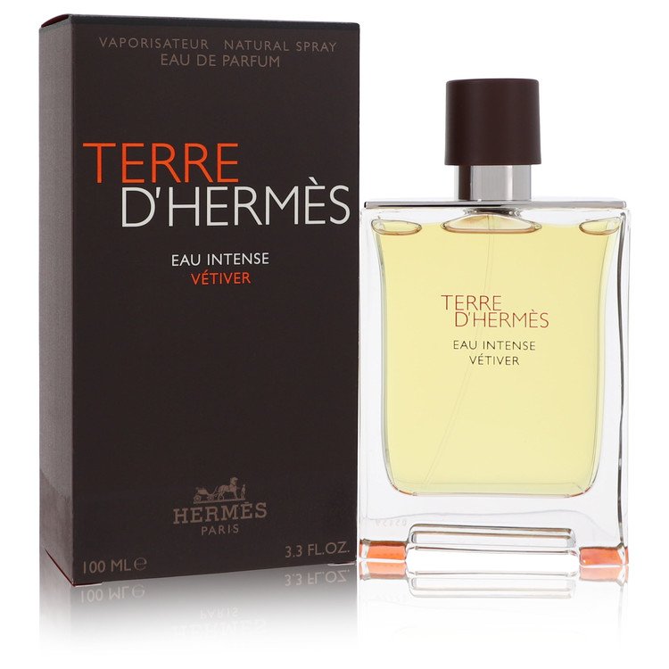 Dark green glass bottle of Terre d'Hermès Eau Intense Vétiver Eau de Parfum spray 3.3 oz by The Fragrance Avenue.