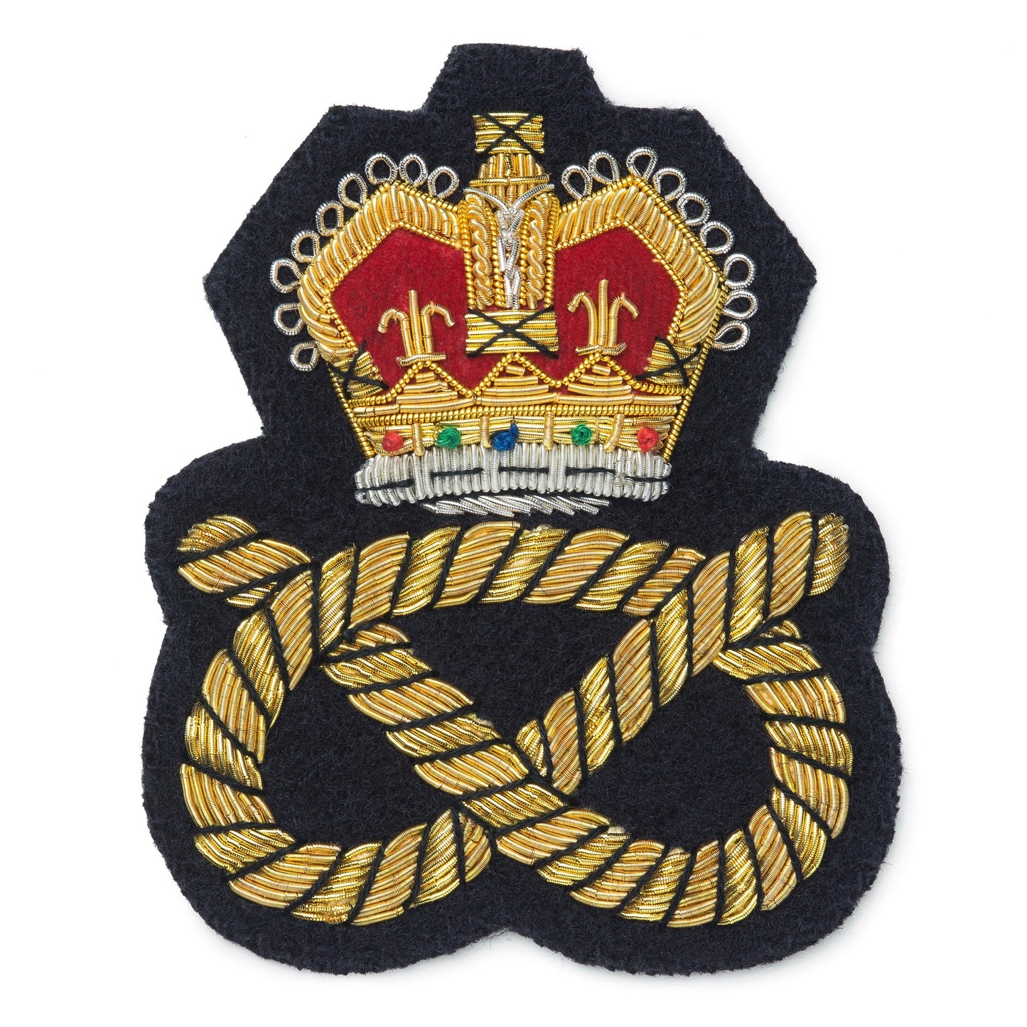 Black blazer badge with gold crown and knot emblem on a white background by Benson & Clegg.