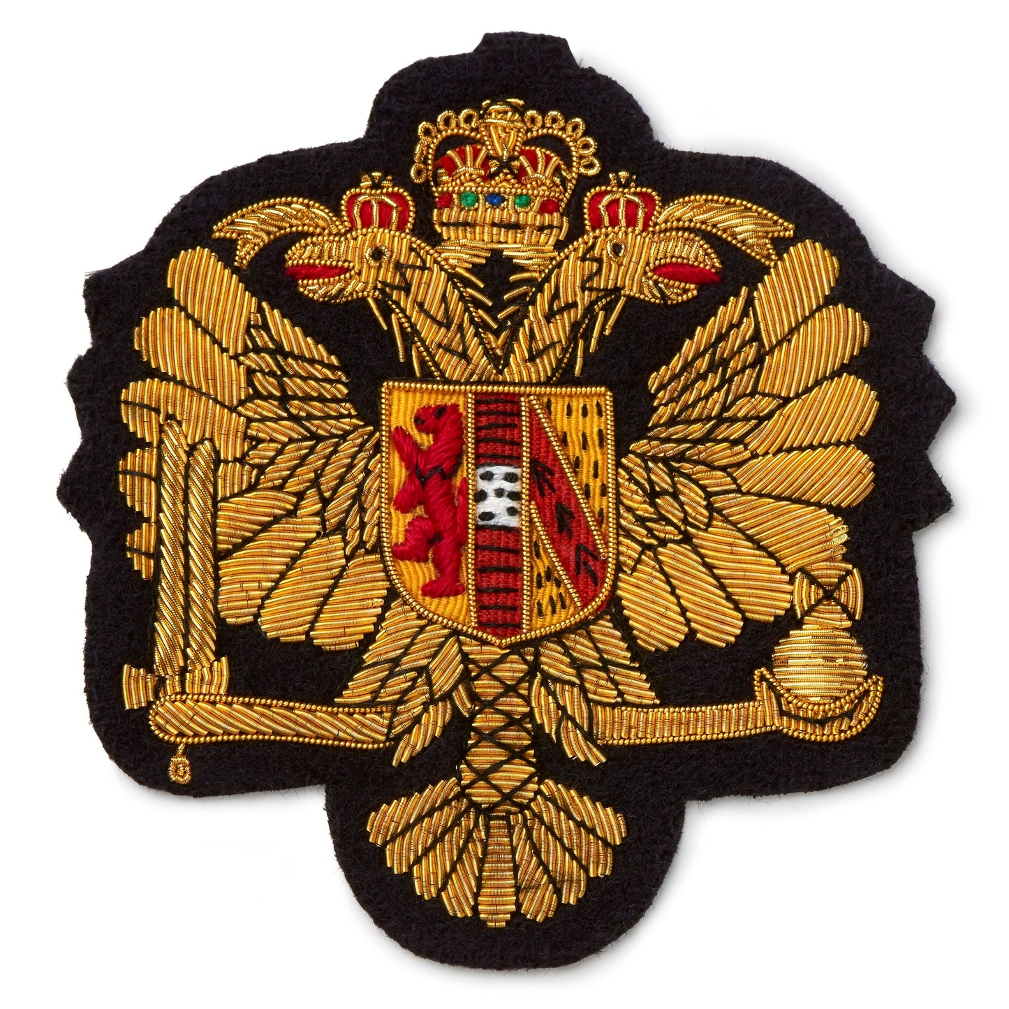 Black blazer badge with gold detailing and the Kings Dragoon Guards emblem, displayed on a white background by Benson & Clegg