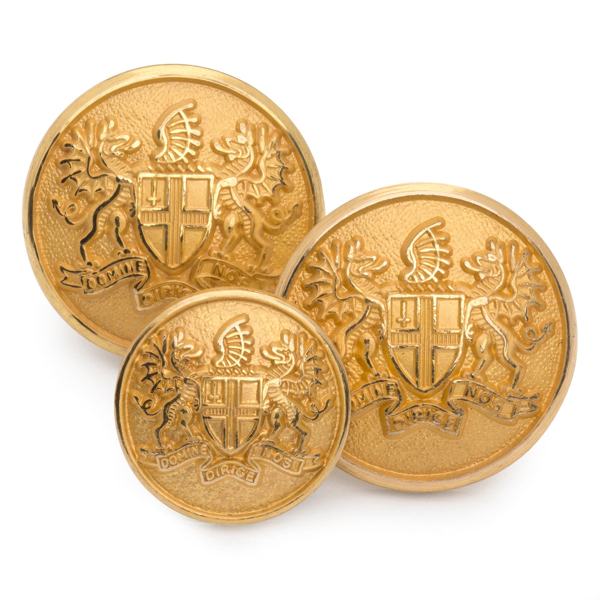 Gold City of London blazer button with engraved details, shown close-up against a dark background.
