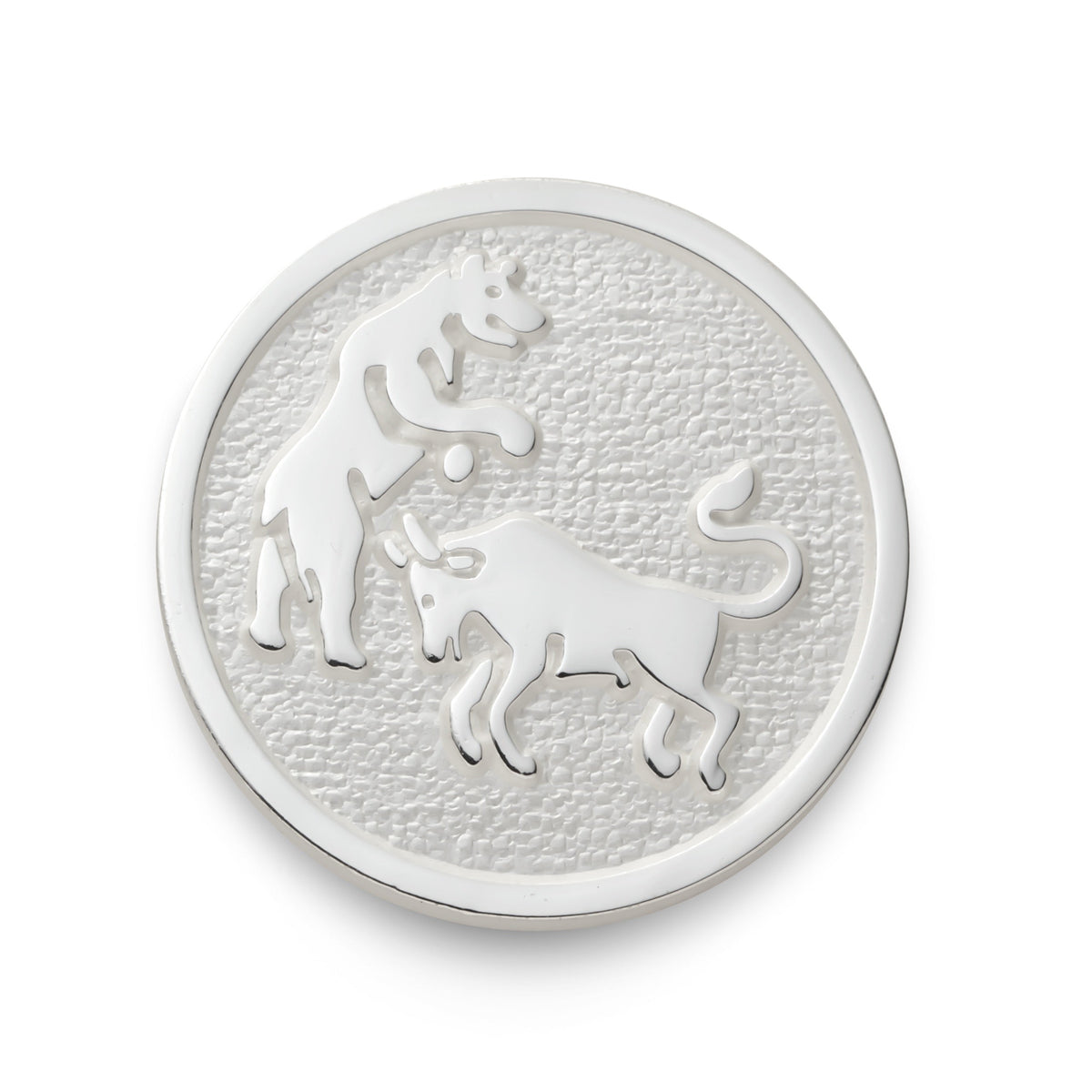 Silver bull and bear blazer button with intricate detailing on a black background by Benson & Clegg.