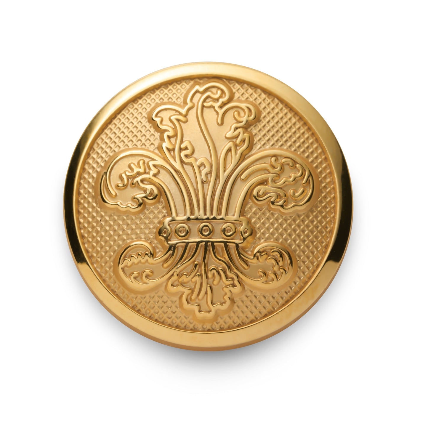Gold fleur de lys blazer button with detailed engravings on a dark background by Benson & Clegg.