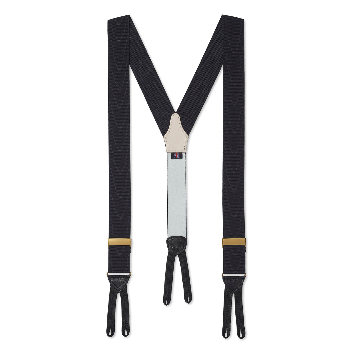 Black silk moiré braces worn on a formal suit by Benson & Clegg