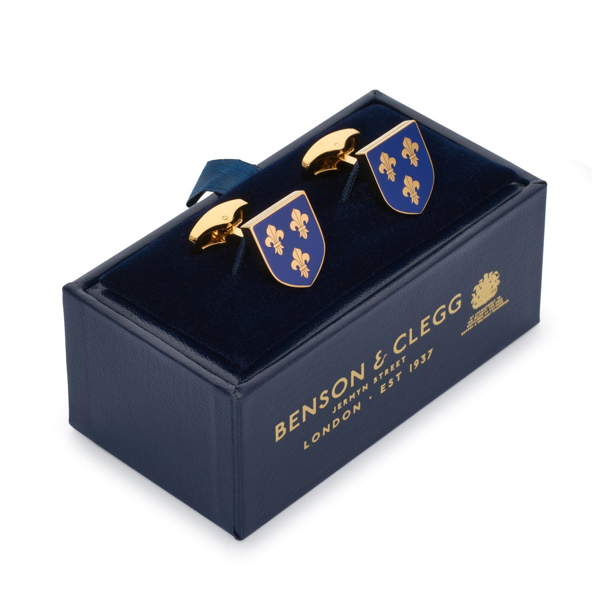 Imperial blue Fleur De Lys shield cufflinks with polished silver detailing by Benson & Clegg.