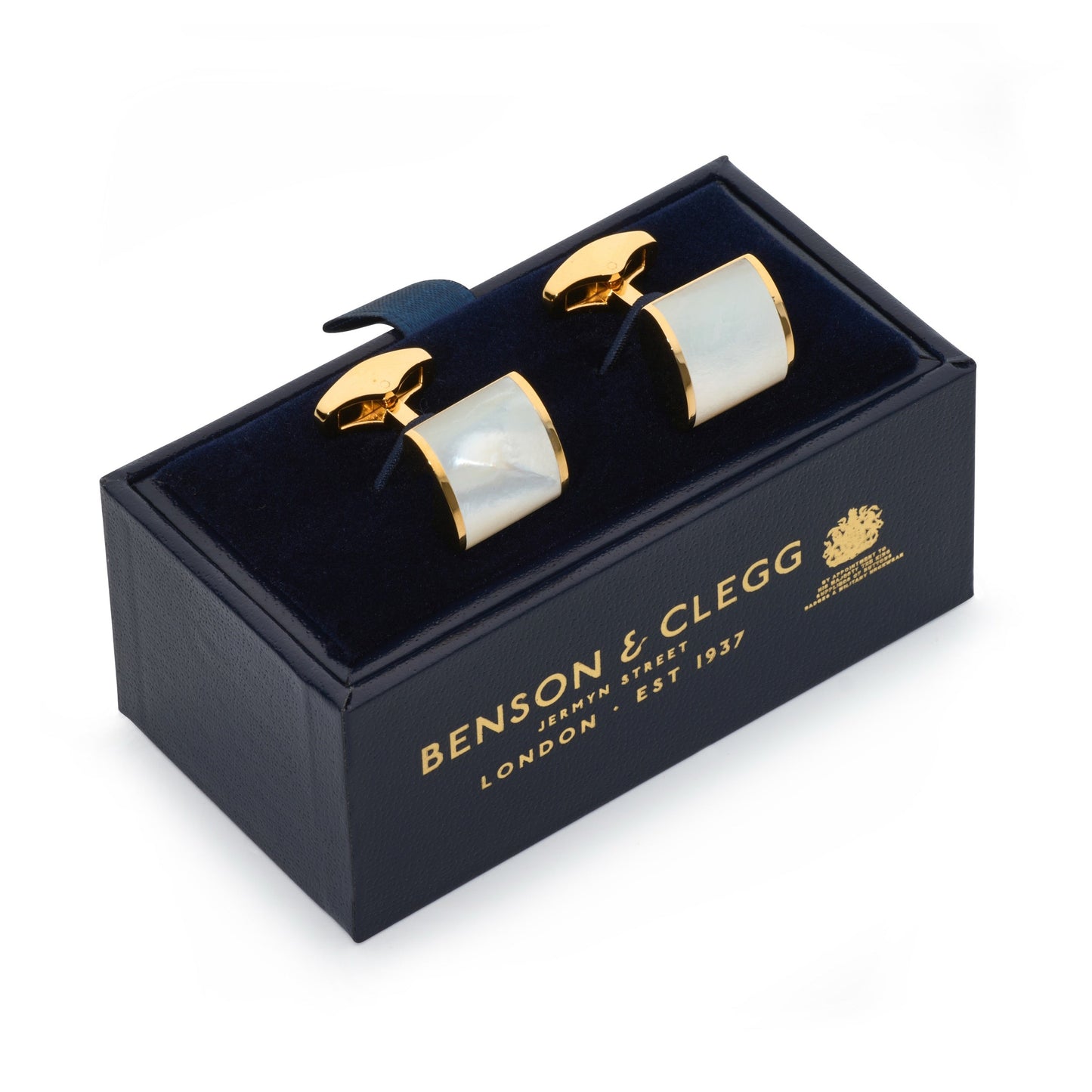 Gold mother of pearl cufflinks with a sleek design by Benson & Clegg