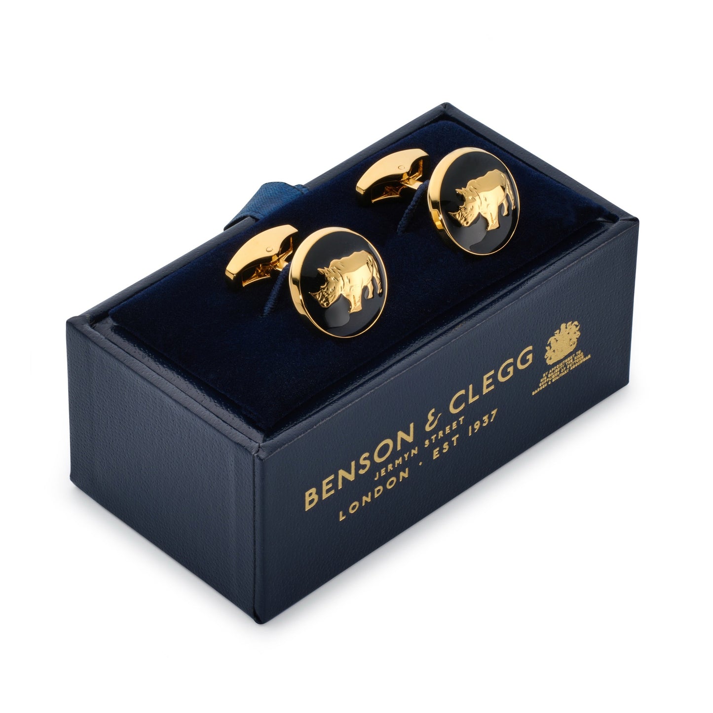 Black rhino cufflinks with detailed texture, shown in a close-up shot, by Benson & Clegg.