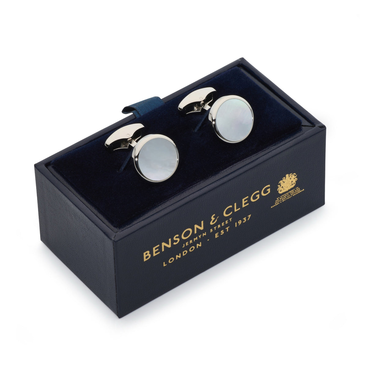 Mother Of Pearl Round Cufflinks In Silver Benson & Clegg