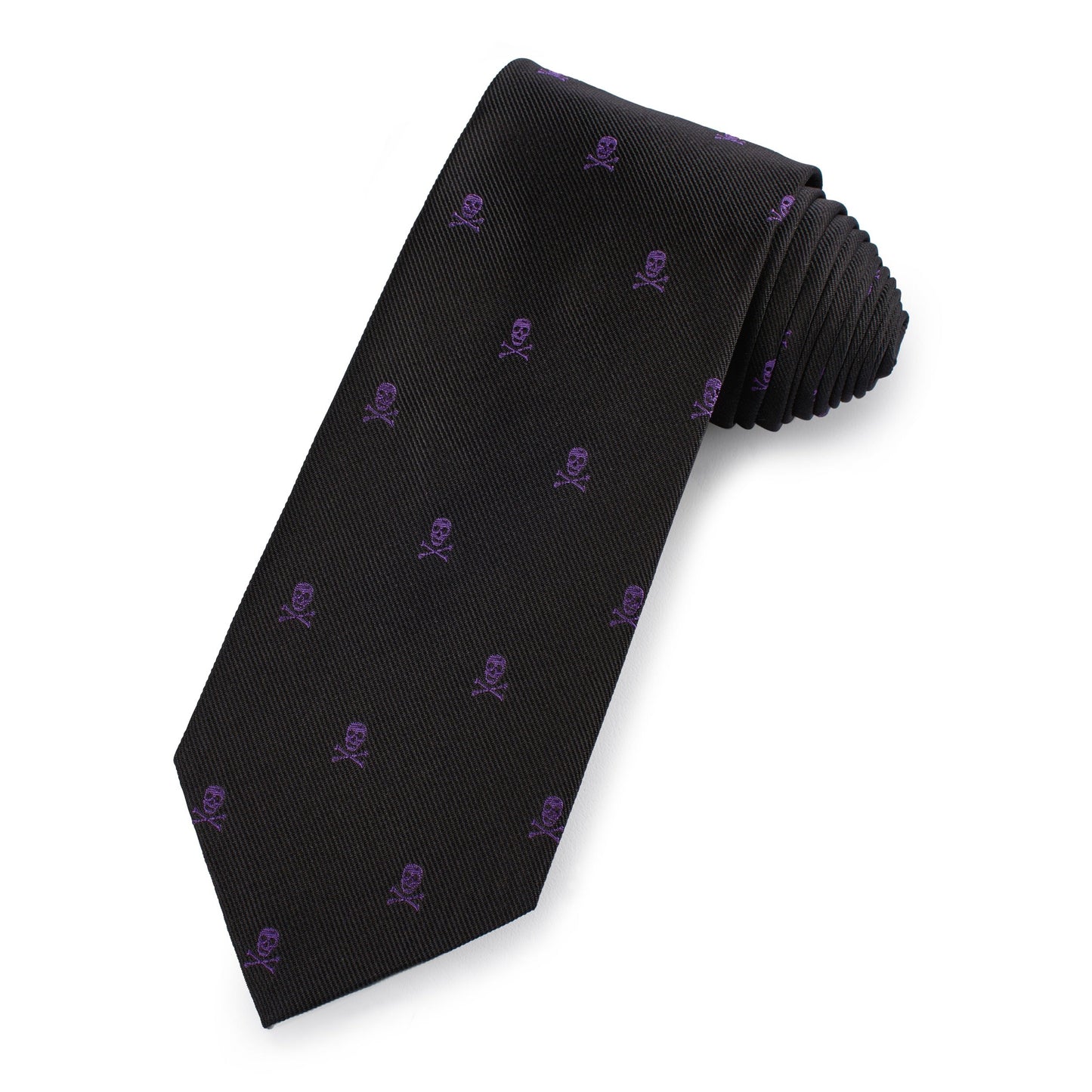 A purple and black skull and crossbones silk tie with a glossy finish by Benson & Clegg.