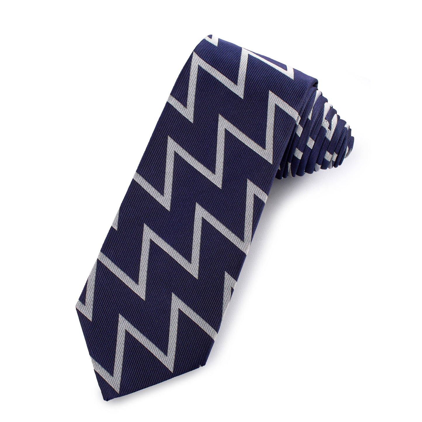 A cobalt and silver silk tie with a subtle sheen, displayed horizontally against a neutral background by Benson & Clegg.
