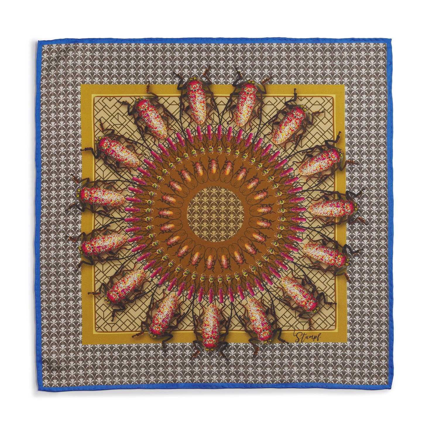 A vibrant green beetle parade pattern on a silk pocket square by Benson & Clegg.