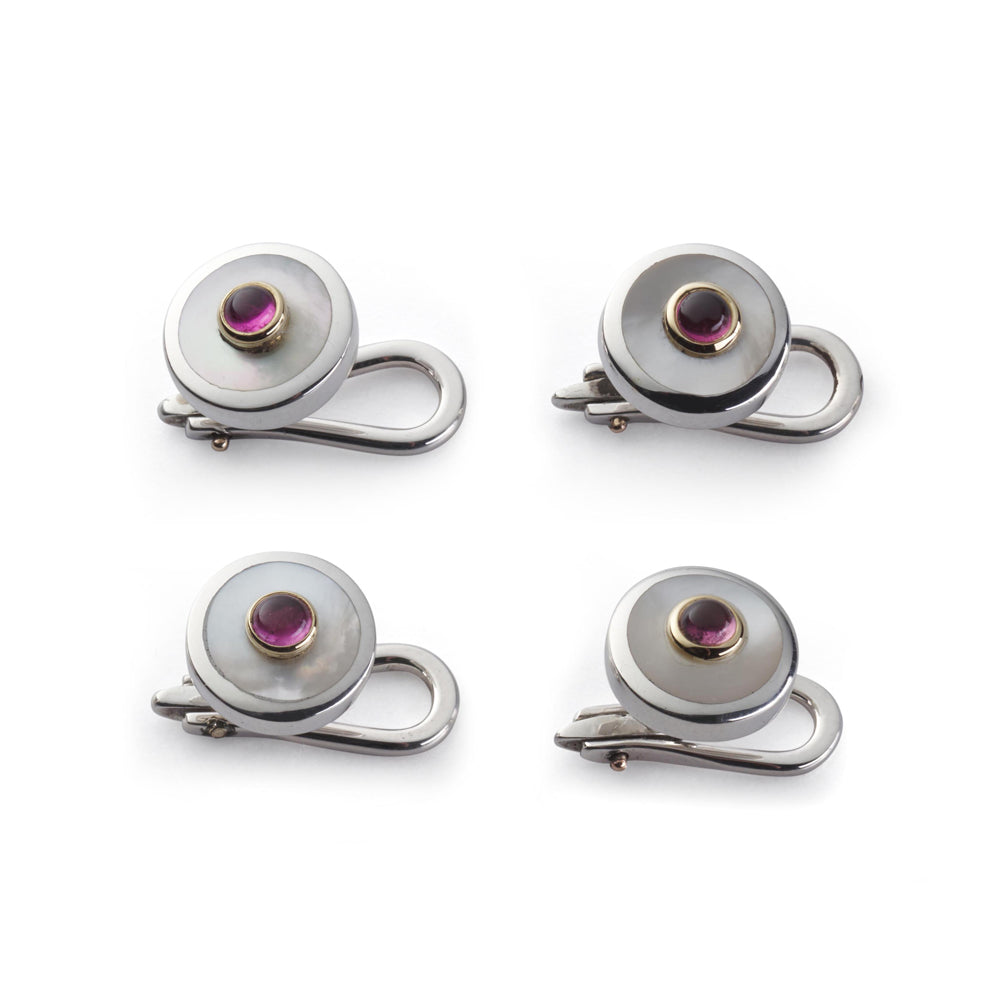 Sterling Silver And Mother Of Pearl With Pink Tourmaline Dress Studs Benson & Clegg