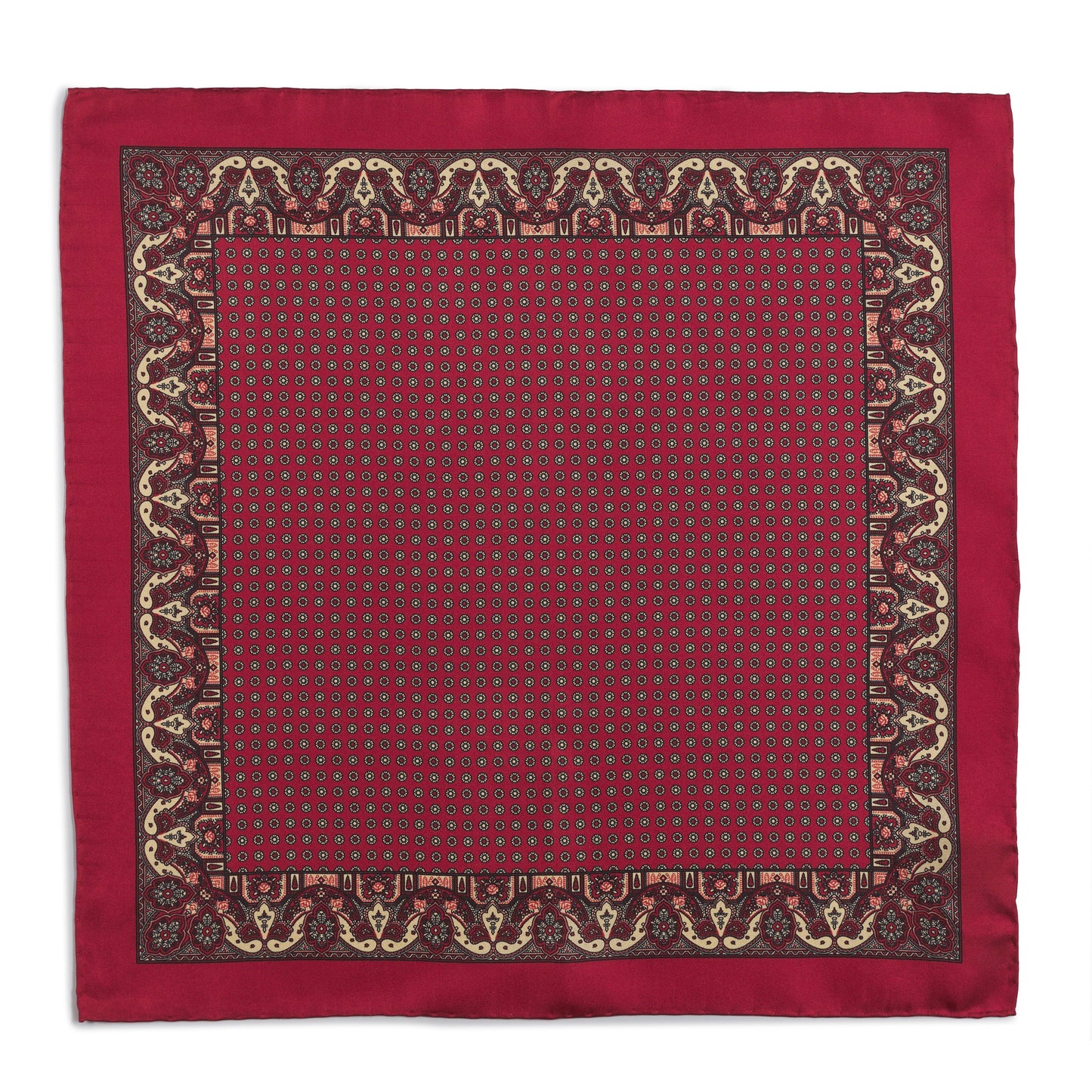 Red ornate paisley silk pocket square with intricate detailing by Benson & Clegg