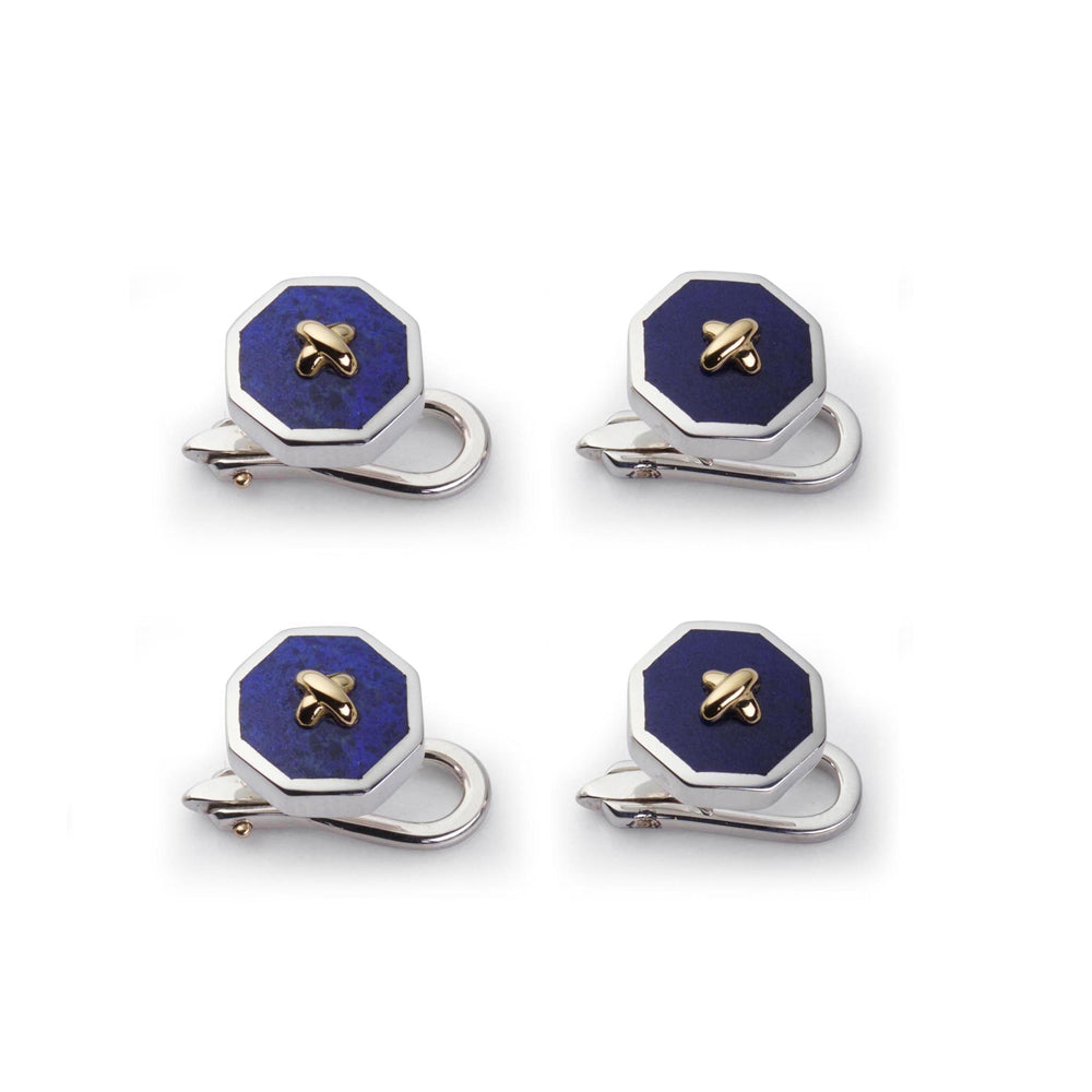 Sterling silver and lapis lazuli dress studs with 9ct gold stitching, elegant jewelry by Benson & Clegg.