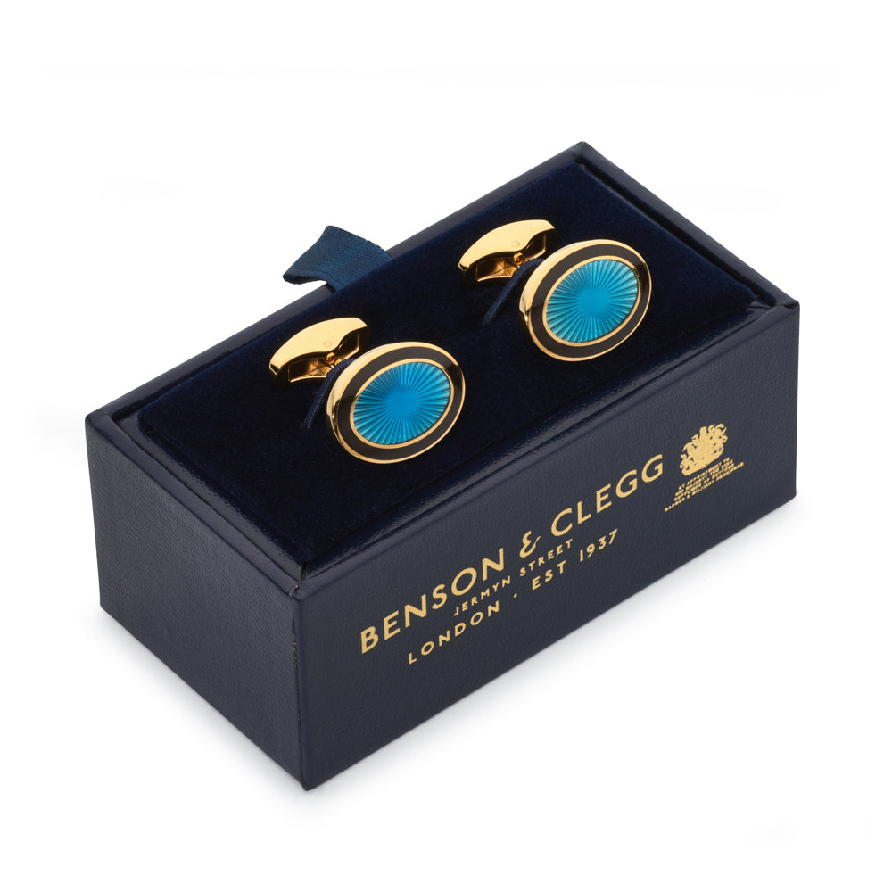 Sunburst Enamel Cufflinks In Sapphire Blue Benson & Clegg