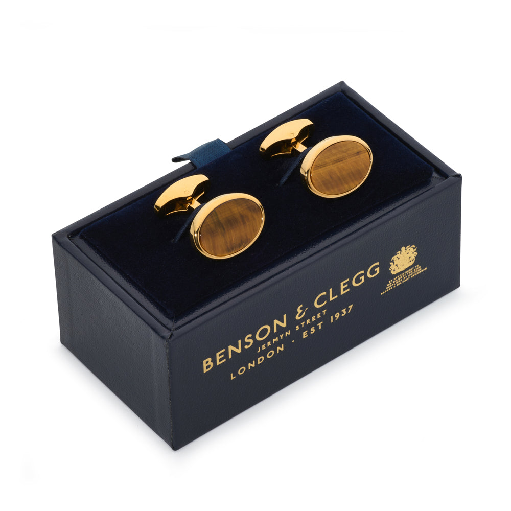 Tiger's Eye Cufflinks In Gold Benson & Clegg