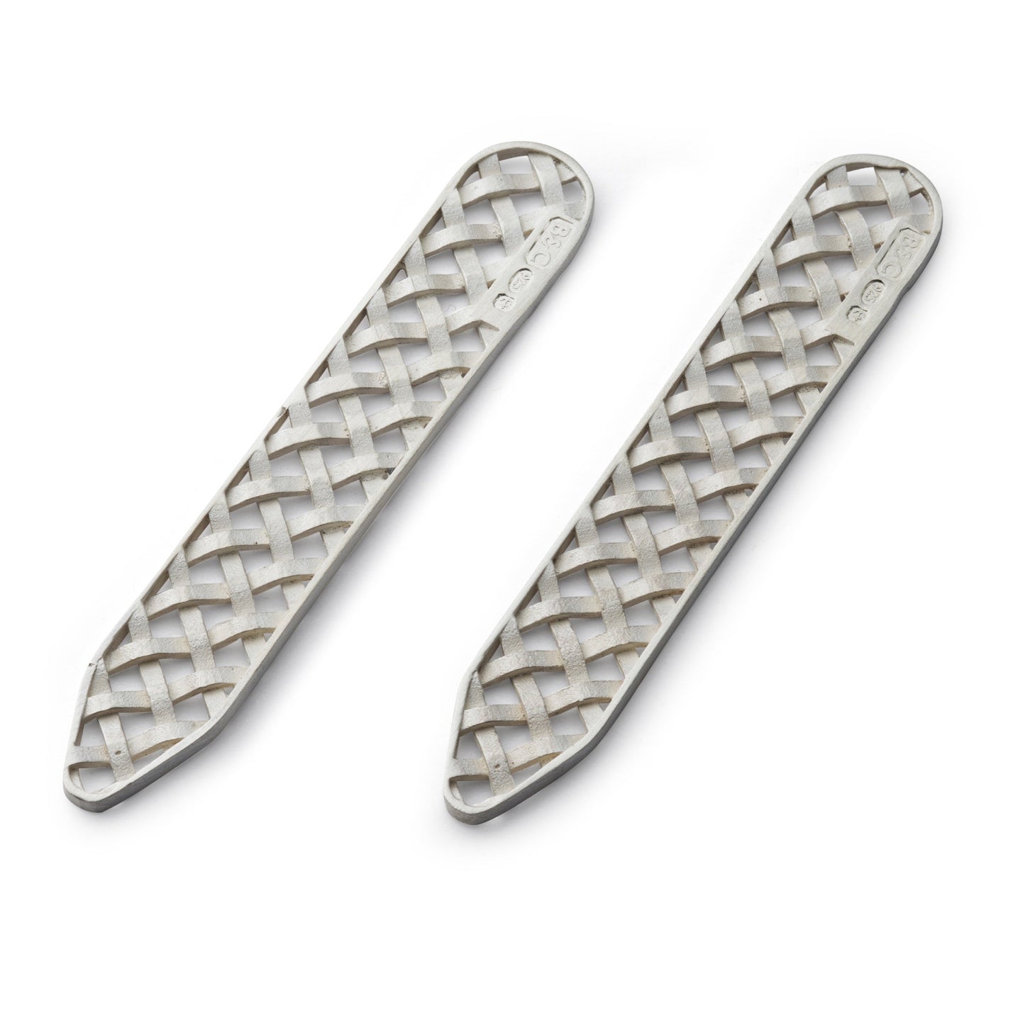 Sterling silver Weave Collar Stiffeners worn on a white shirt collar by Benson & Clegg.