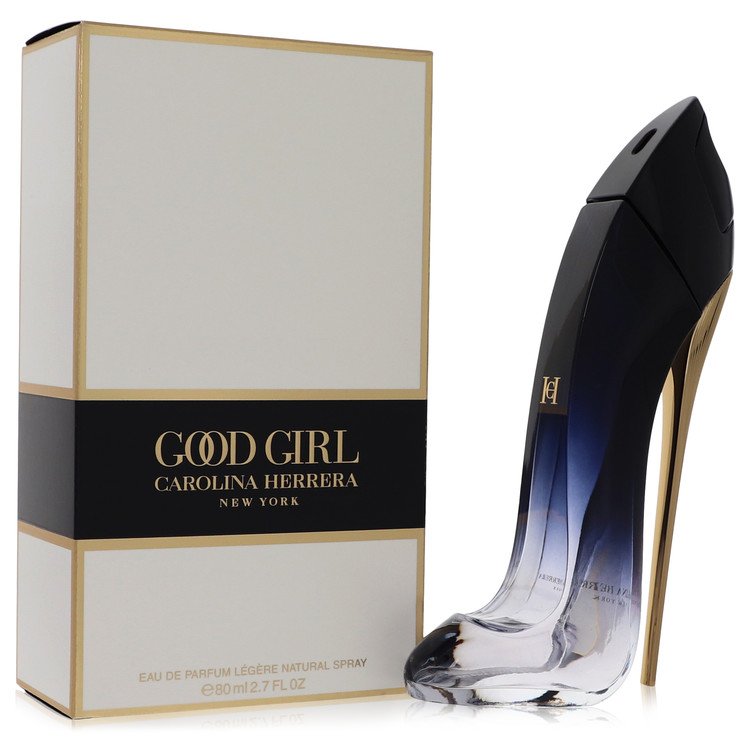Black bottle with gold accents featuring a floral design, fragrance label, and spray nozzle, Carolina Herrera Good Girl Leger
